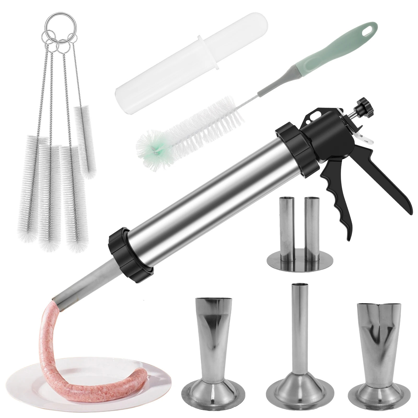 Stainless Steel Sausage Stuffer Kit Manaul Meat Syringe Jerky Gun Kitchen Homemade Canned Sausage Tool with Thickened Handles 250429