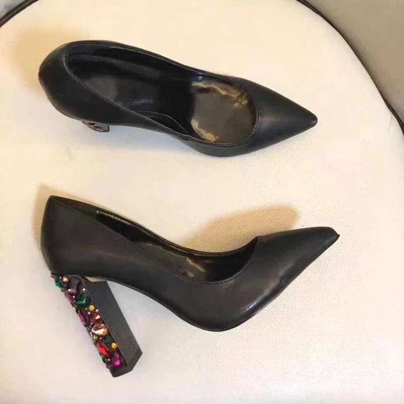 Brand Designer Rhinestone Pointed Toe Thick Heel Sandals Gold High Heels Sexy Casual Shoes Women