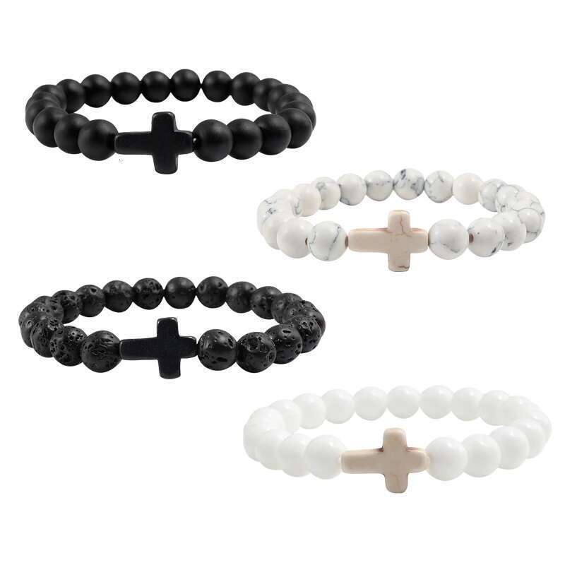 Charm Natural Stone Bracelet Cross Black Lava Matte Beaded Bracelets Handmade Men Women Prayer Fiess Chain Couple Jewelry Gift