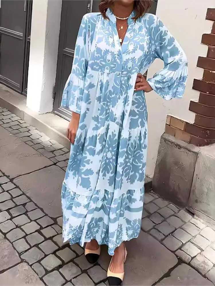 Elegant V-neck sparkling sleeves Bohemian long dress for women casual and loose autumn dress fashionable pattern printed button long party dress W2504