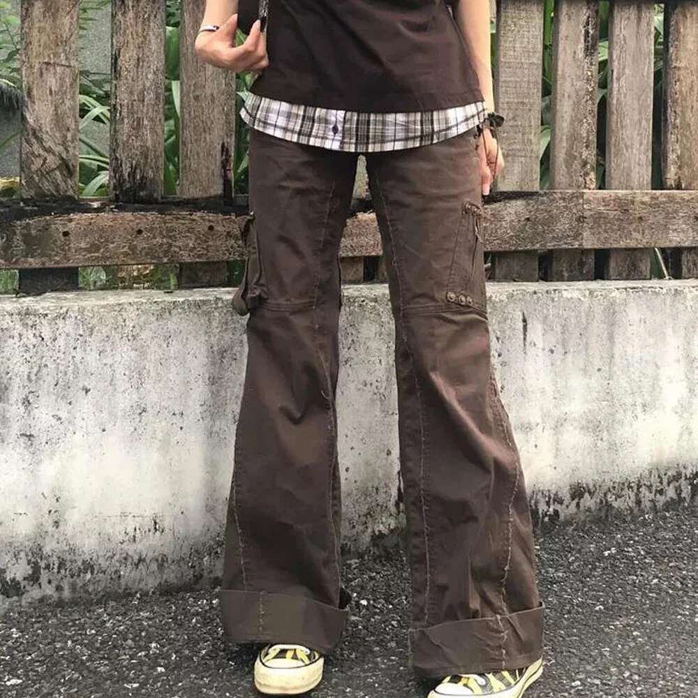 Y2K Aesthetic Brown Spliced Flare Jeans Women High Waist Streetwear Cargo Jean Pants Vintage Denim Trousers Grunge Pantalones