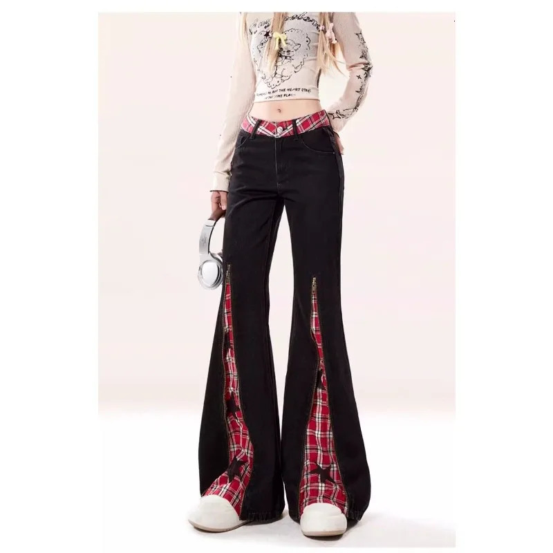 American retro patch red checkered zipper womens jeans Y2k autumn high waisted ultra-thin straight leg micro flash pants 250423