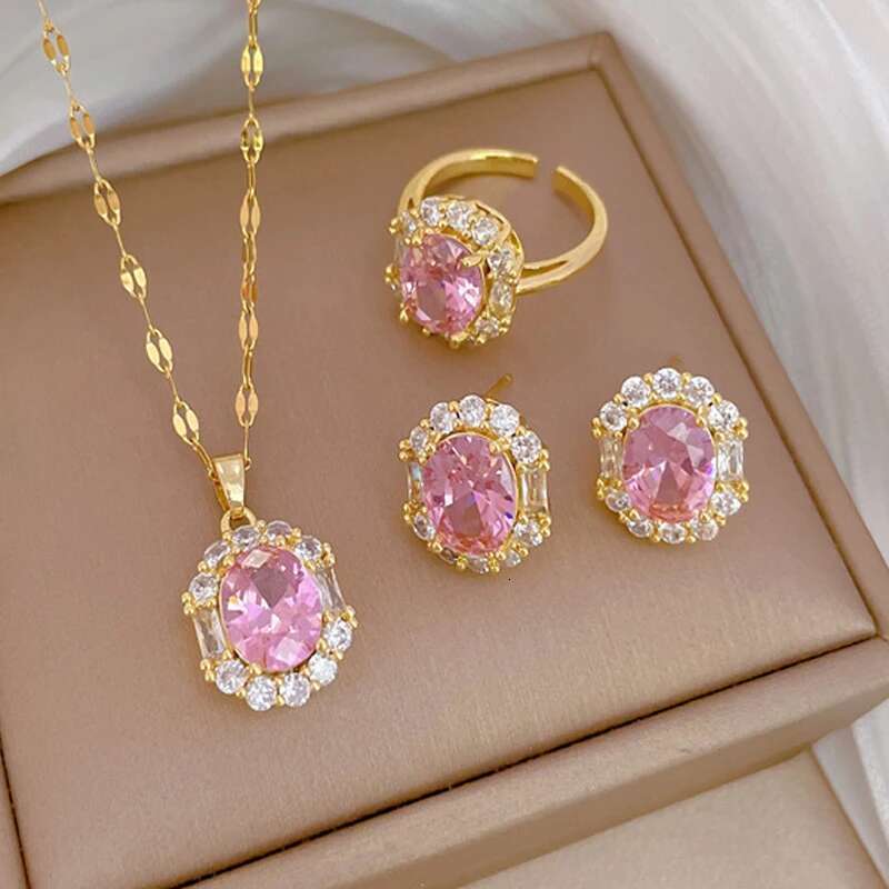 304 Stainless Steel Chain Micro-Inlaid Pink Zircon Necklace Earrings Light Oval Crystal Pendant Charm Jewelry Set