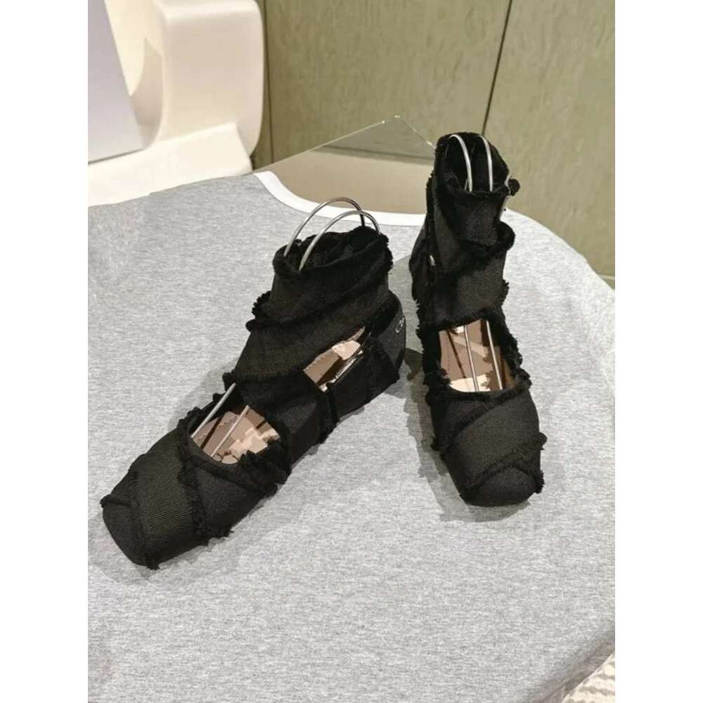 Cross Tied Fringe Ballet Square Toe Flat Shoes Hollow Out Shallow Mental Buckle Mary Janes Solid Patchwork Retro Pumps