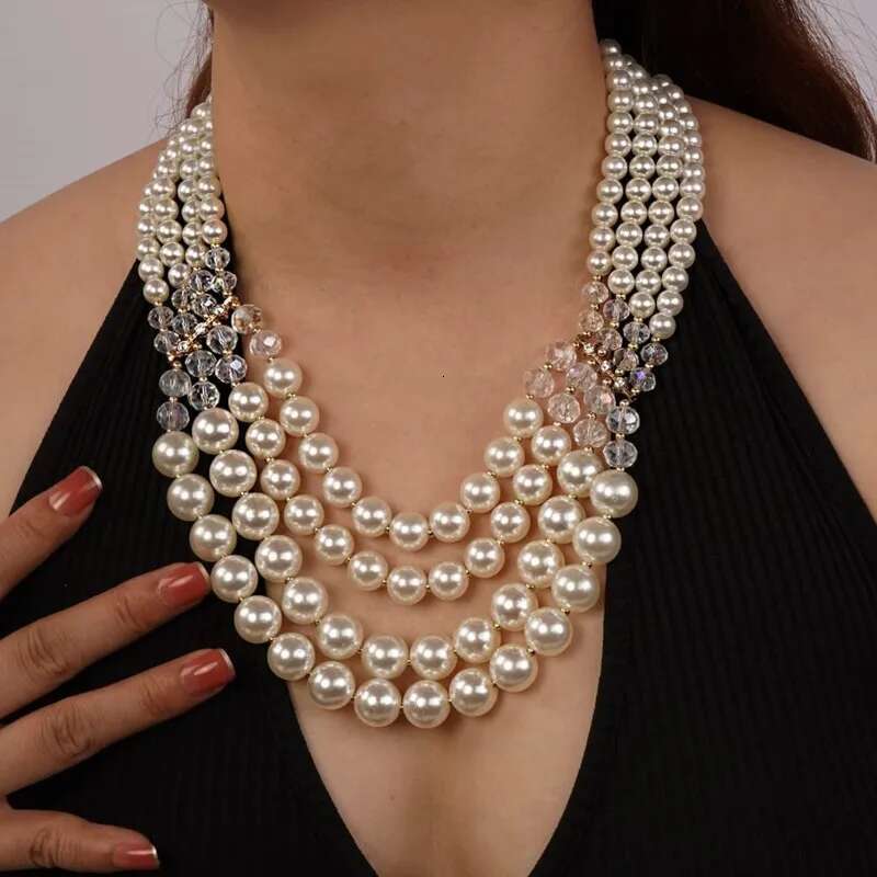 New Fashion Multi-Layer Handmade Imitation Pearl Crystal Beaded Necklace And Earring Jewelry Set For Women Party Accessories