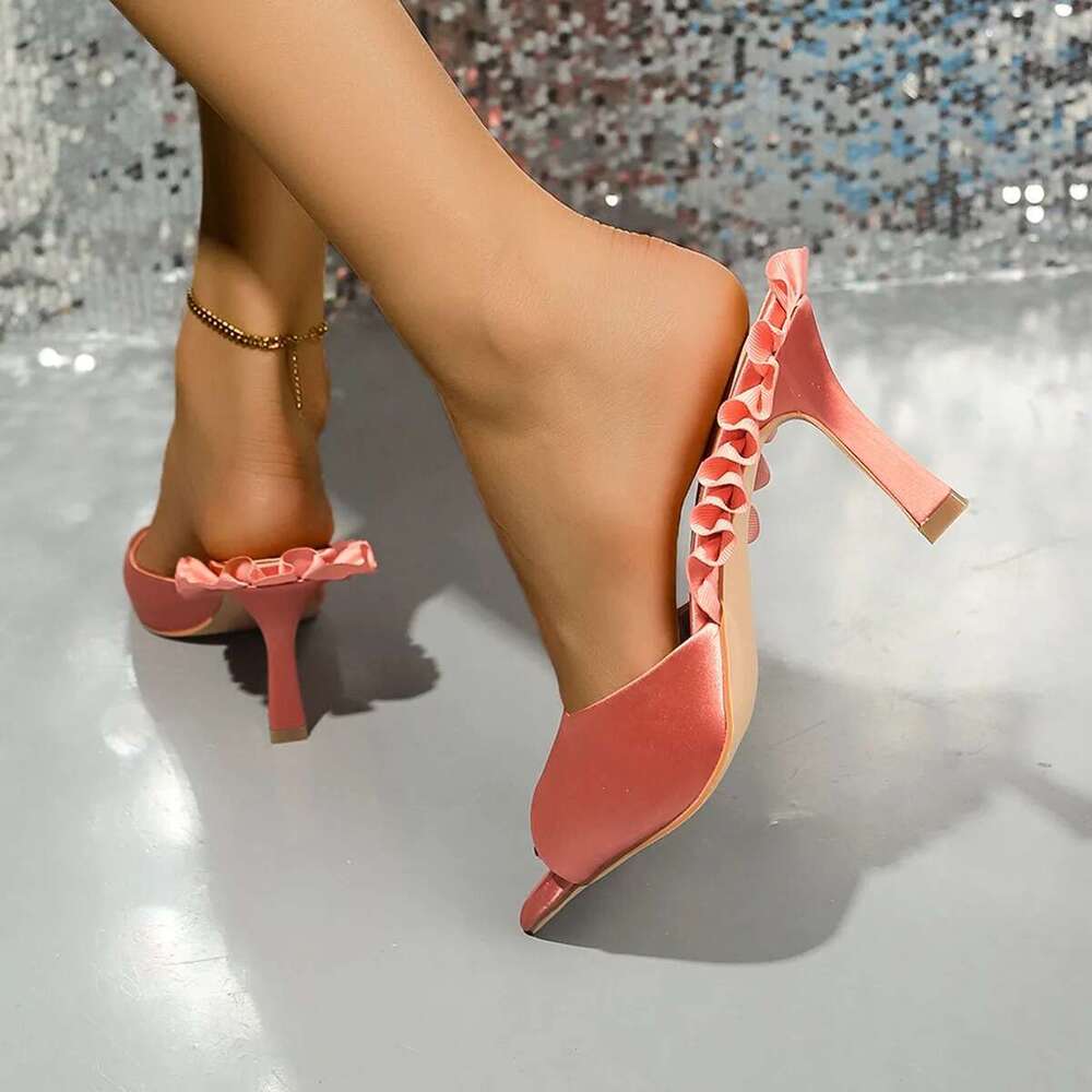 Fashion brand shoes Open toe pointed sandals Designer Lace Slippers Casual Mules Pleated satin pumps women