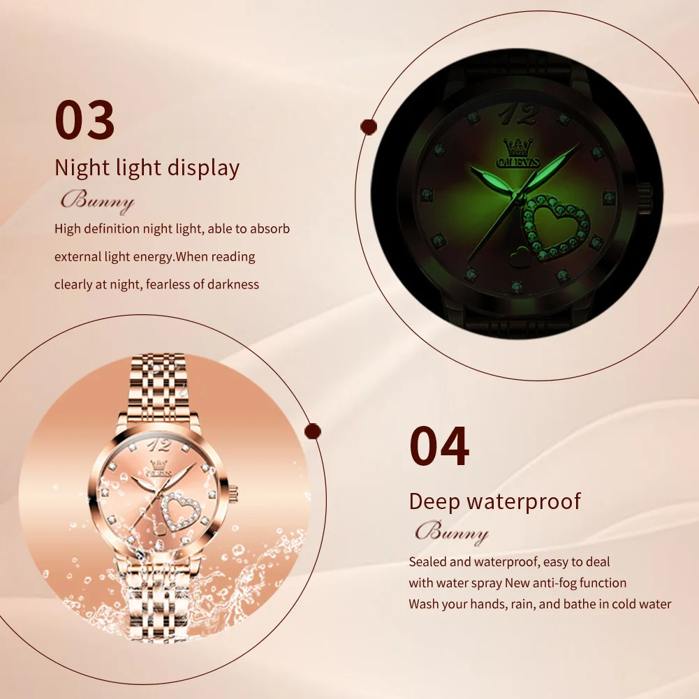 OLEVS Japanese Quartz Womens Watch Stainless Steel Bracelet Love Dial Fashionable and Elegant Waterproof Luminous Quartz Womens Watch 250425