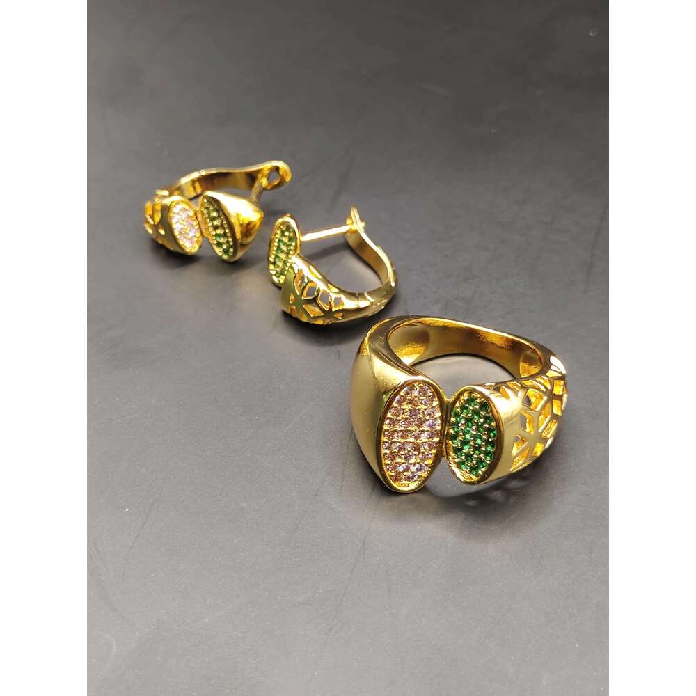 Dubai Gold Plated Open Bangles Earring Ring 3Pcs Set For Women African Arabic Wedding Jewelry Indian Gift