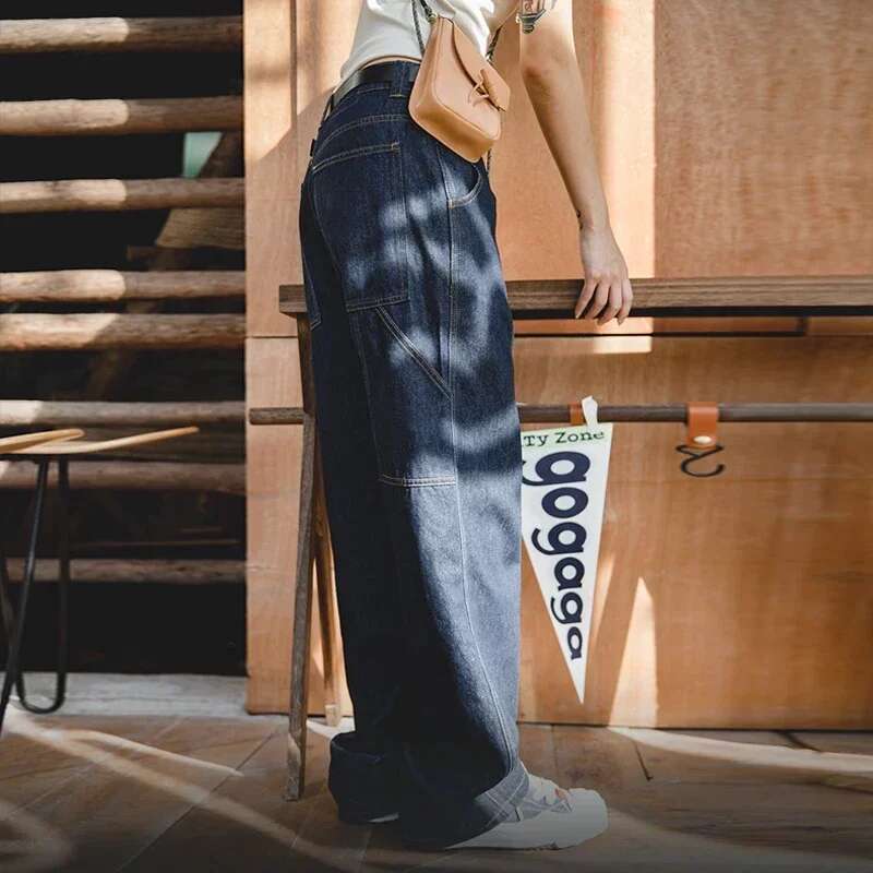 Maden Women's Dark Blue Denim Jeans Vintage Straight-leg Wide-leg Loose Fit Casual Pants Elastic Waist Cuffed Oversize Trousers