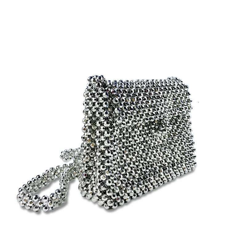 New Retro Sier Metallic Shiny And Dull Handmade Woven Beaded Pearl Flip Small Square Crossbody Bag