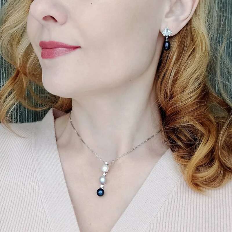 Wedding Sier Natural Freshwater Pearl Necklace And Earrings Set For Women Customers White Black