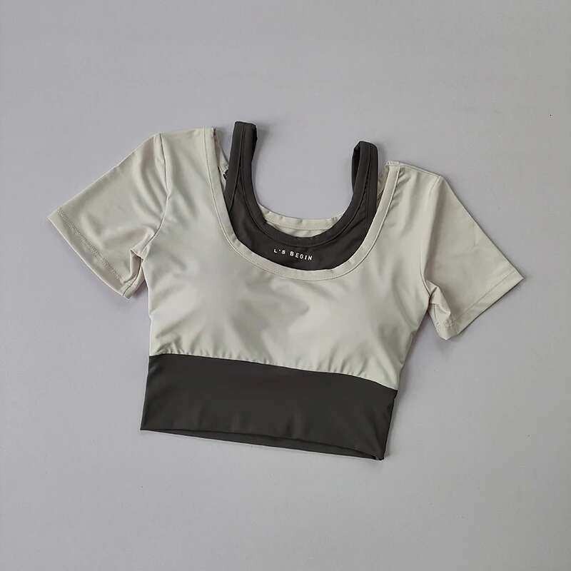 Fake Two-Piece Sports Sleeved Women's Summer Breathable Fiess Top With Bra, Fast Drying Tight Short Dance Yoga Clothes