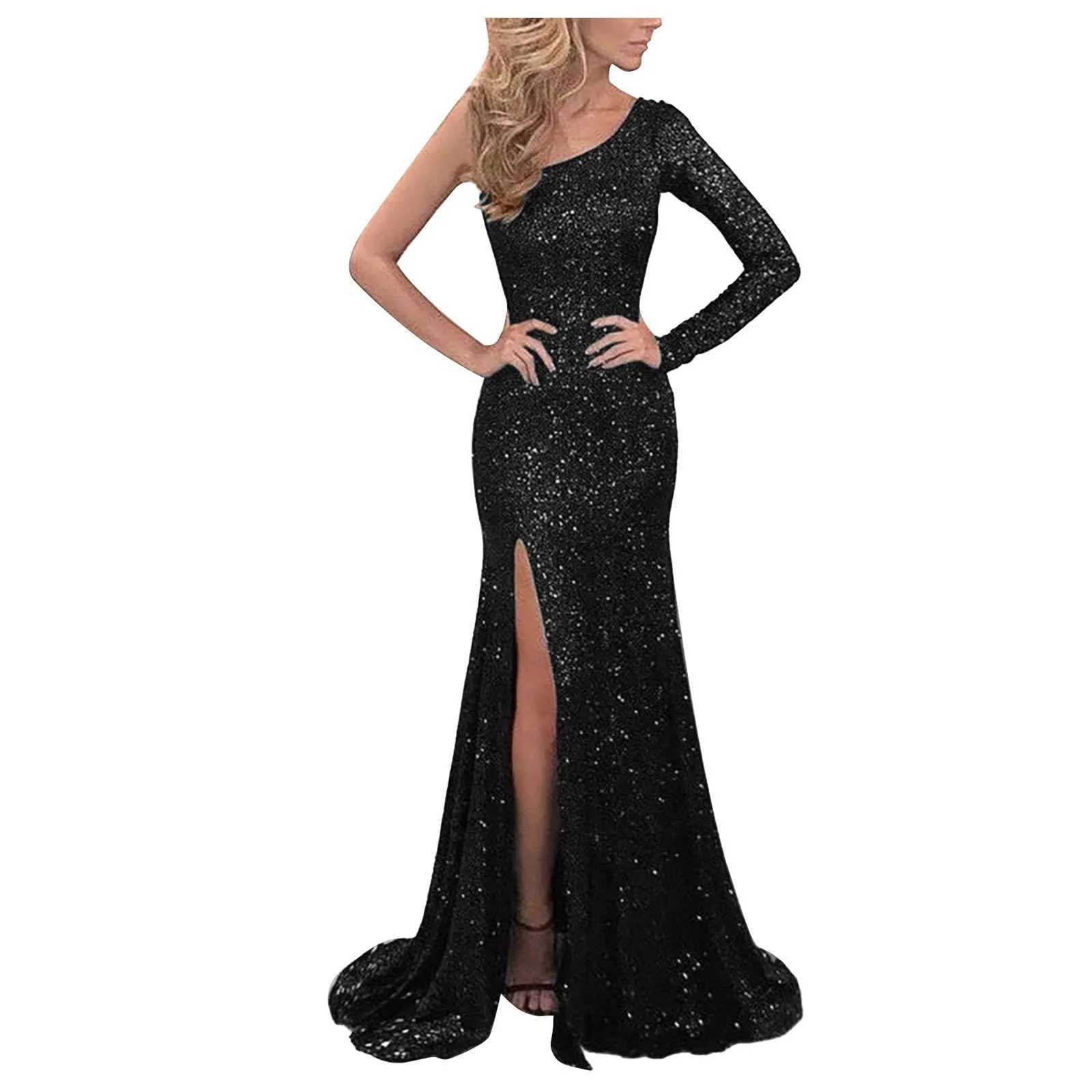 Elegant womens sexy solid color long sleeved single shoulder sequin ultra-thin wedding evening dance slotted long dress vest W250430
