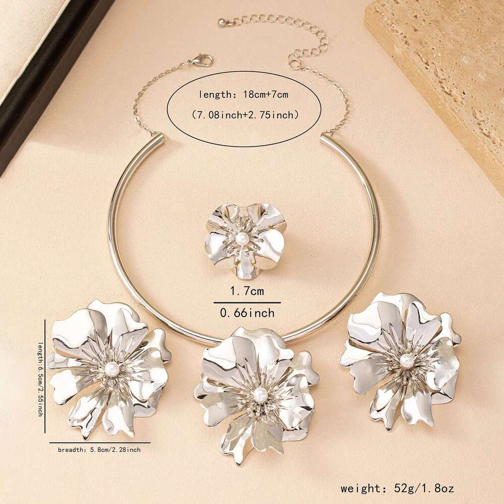 Dubai Jewelry Set Earring Women Ring Pearl Petal Pendant Necklace Fashion Bride Wedding Party Accessories Gifts