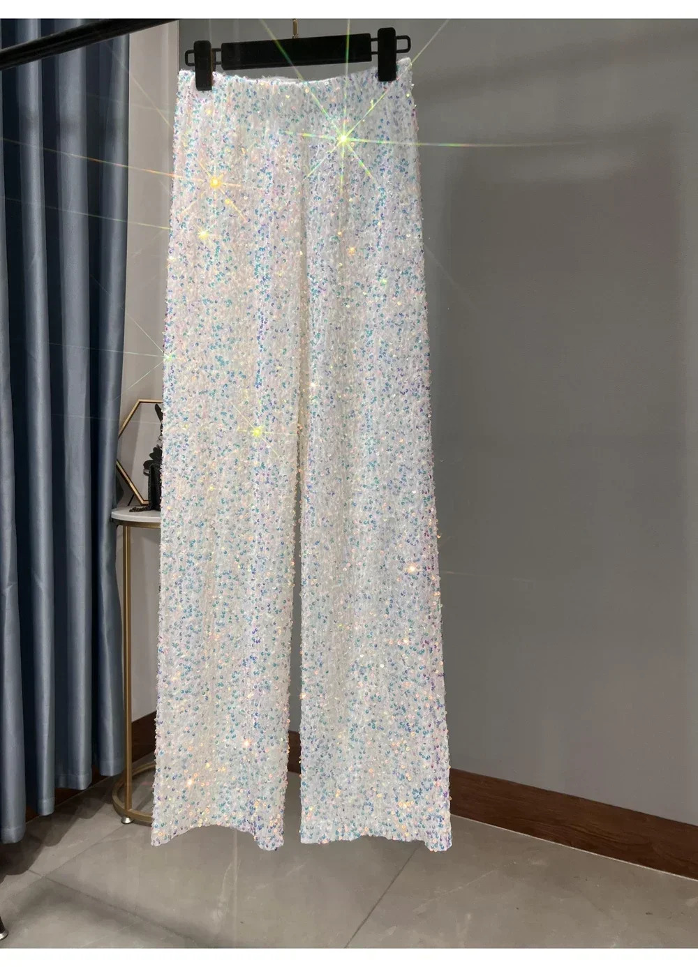 Korean sequined autumn and winter wide leg pants length thick mop shiny casual straight 250428