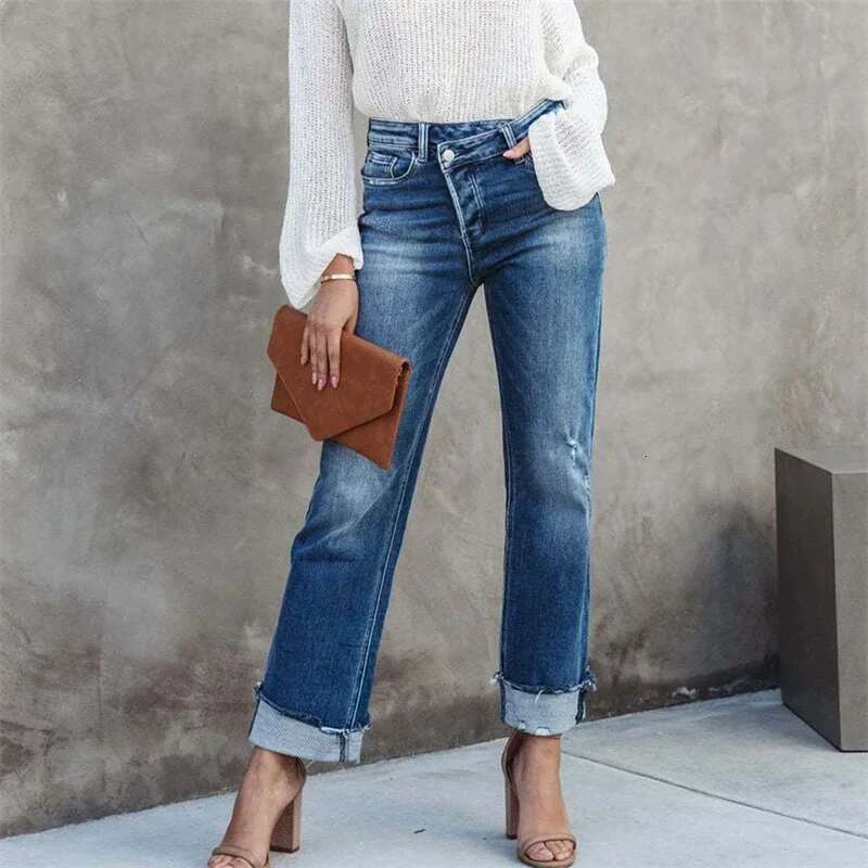 Women High Waist Slant Buckle Splice Straight Jeans Broken Holes Casual Denim Pants New Female Office Commuter Washable Trousers