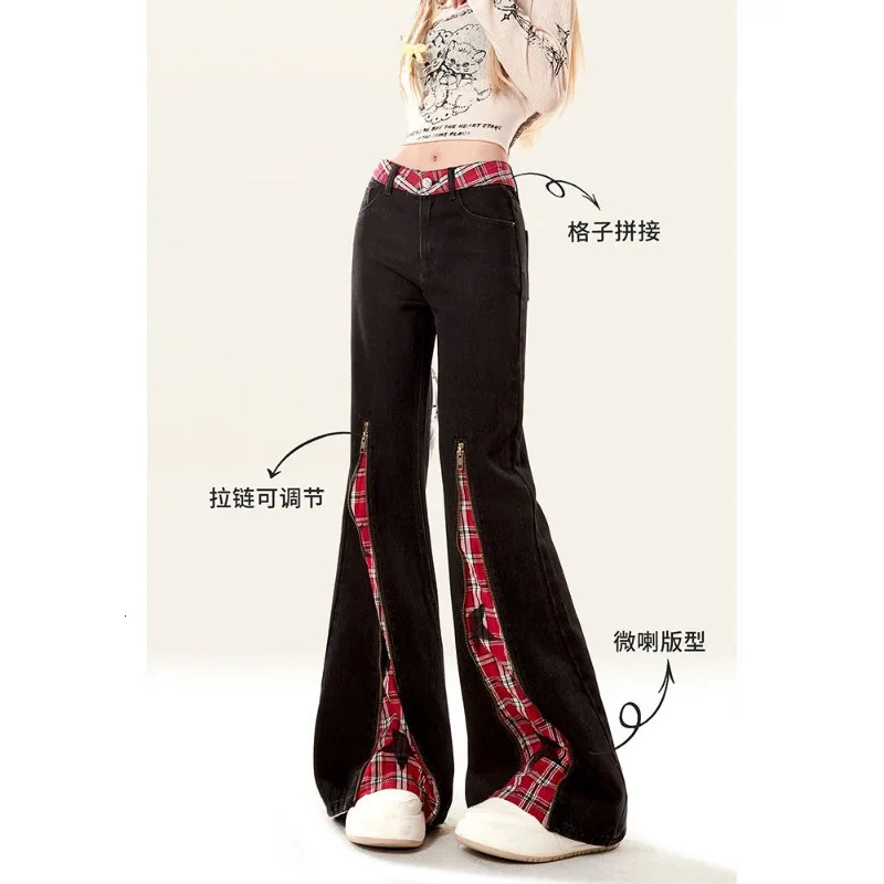 American retro patch red checkered zipper womens jeans Y2k autumn high waisted ultra-thin straight leg micro flash pants 250423