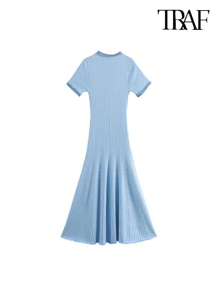 TRAF womens metal button knit dress denim patch work solid color street commuting casual short sleeved long skirt W250430