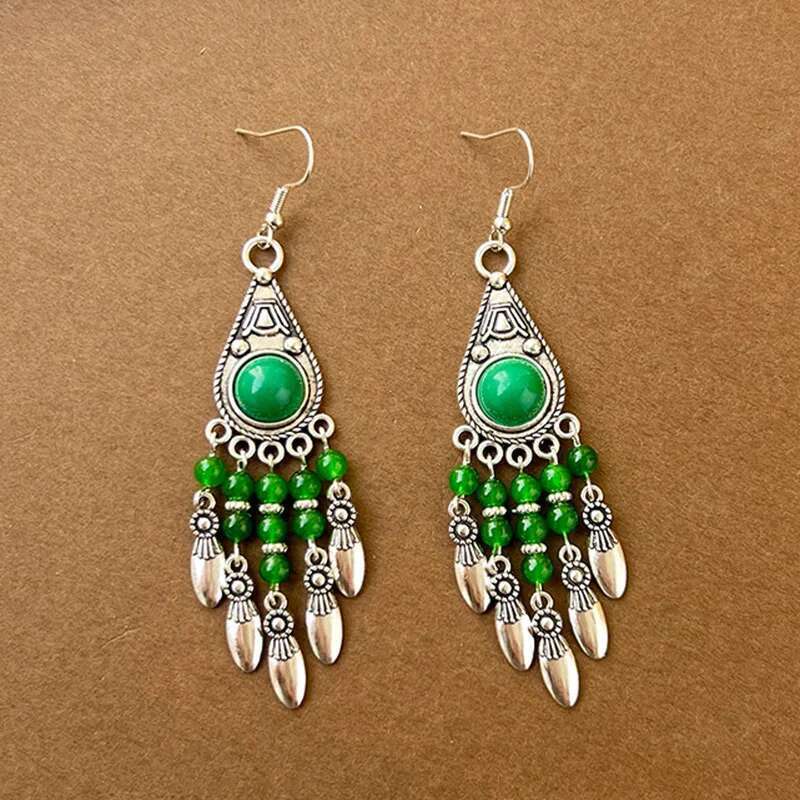 Green Natural Style Water Drop Feather Earrings For Women Vintage Boho Long Rhinestone Crystal Dangle Earring Vacation Jewelry