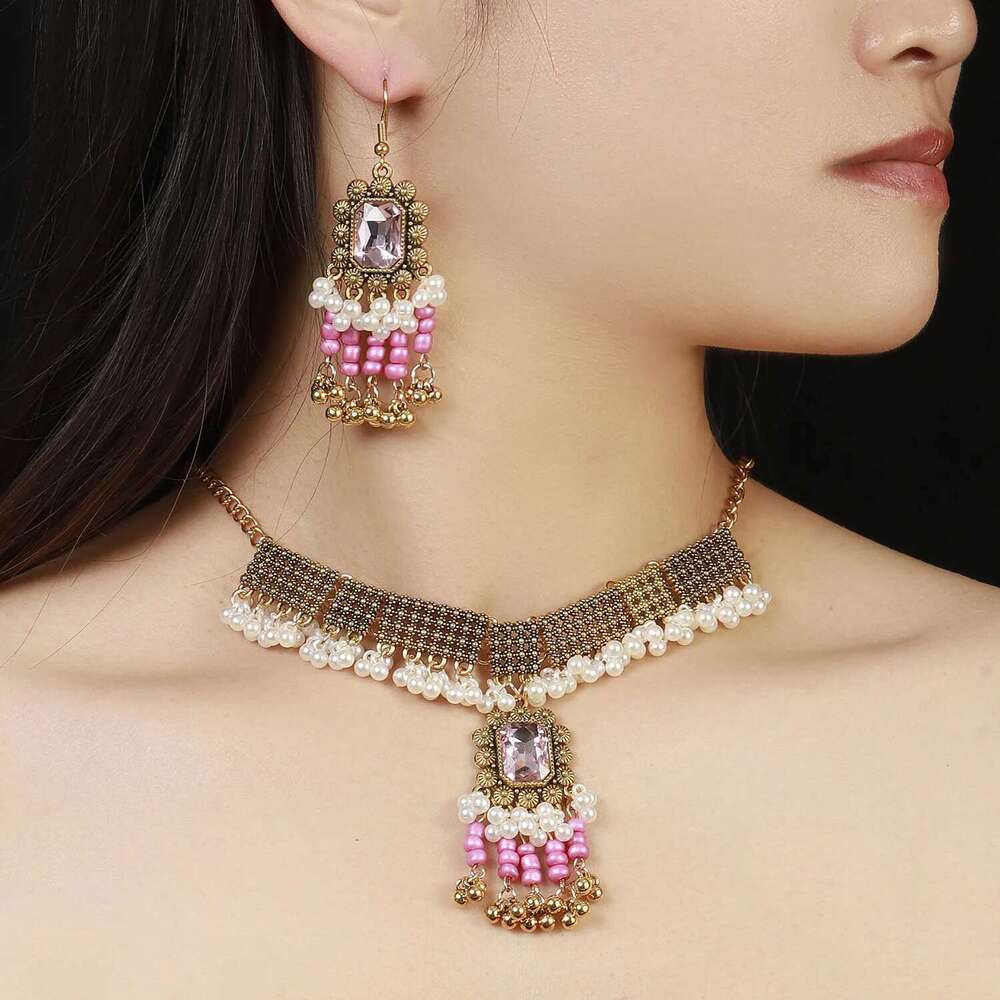 Bohemia Ethnic Pendant Necklace Earrings Set For Women Indian Bollywood Golden Square Zircon Beaded Tassel Jewelry Sets