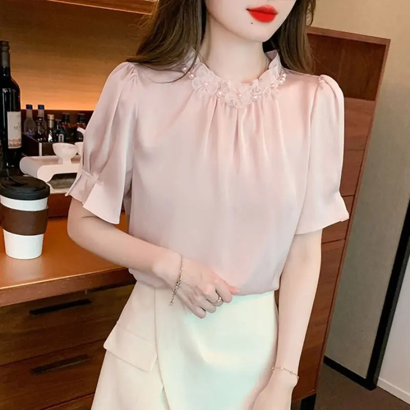 Summer French Stand up Collar and Flip Loose Fit Fashion Niche Short Sleeve Ruffle Top 250422