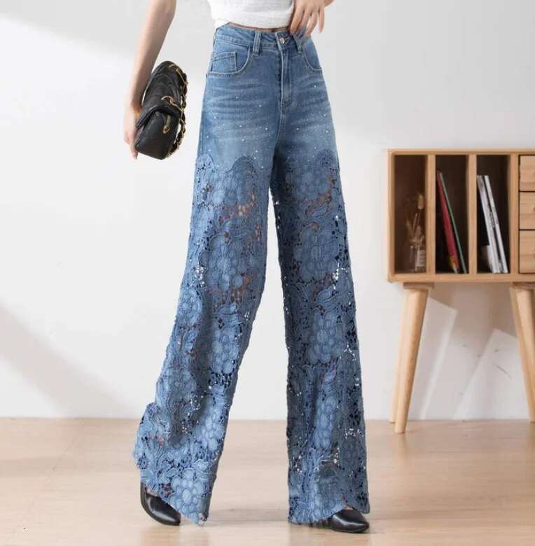 Lace Patchwork Hollow Niche Jeans Women's Summer New Fashion Straight Barrel Slim-fit Retro Casual Loose Denim Long Pants Y2k