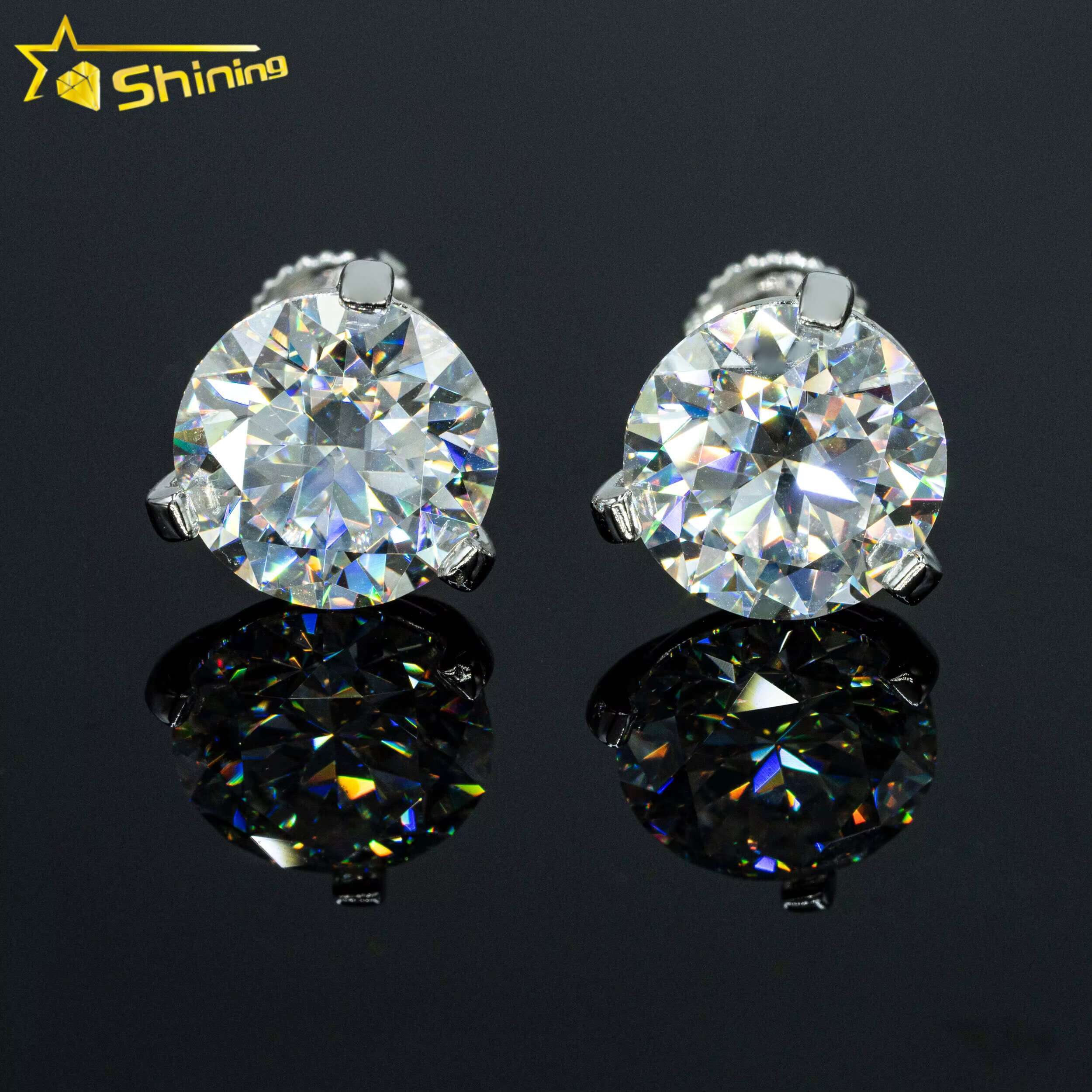 Luxury Stud Earrings 3 Prong Setting 8mm Vvs Diamond 925 Sterling Silver Screw Back Ear Stud for Men and Women