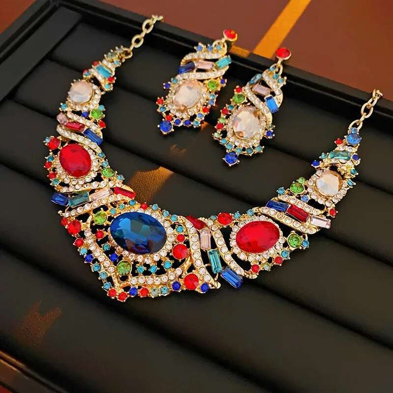 3 Pcs Colorful Rhinestone Necklace Earring Set Vintage Oval Drop Earrings Temperament Choker Necklaces Bride Jewelry Sets