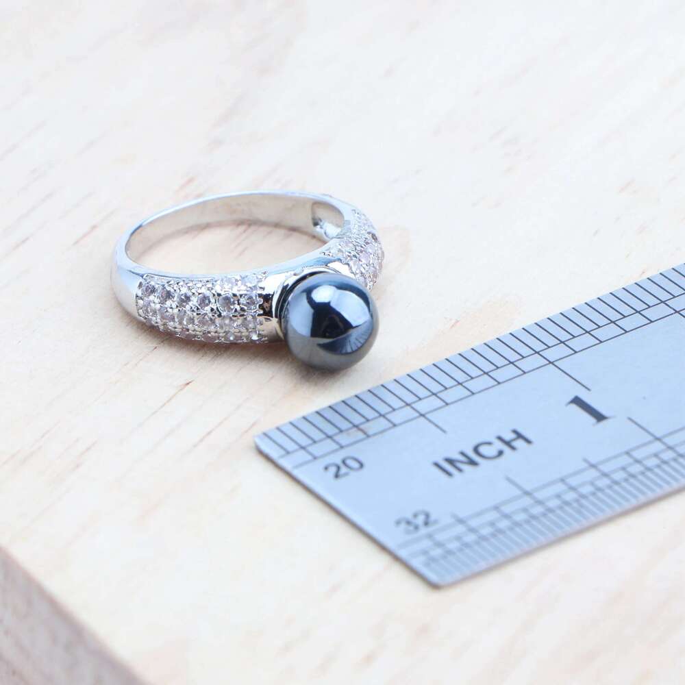 Sier Sets Bridal Black Pearls Natural White CZ Ring Bracelets Earrings Pendants Necklace Set Women Wedding Jewelry