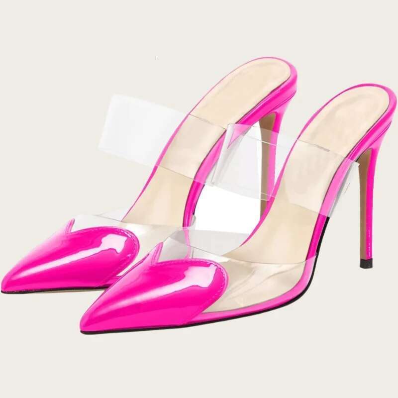 2025 New Women PVC Transparent High Sexy Pointed Toe Heart Shape Decorate Party Shoes Lady Thin Heels Pumps Slipper
