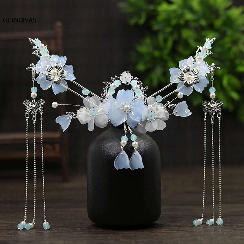 Ancient Hanfu Sticks Tassel Flower Earring Hairpin Set Girl Gift Bridal Headdress Retro Wedding Hair Accessories Headwear