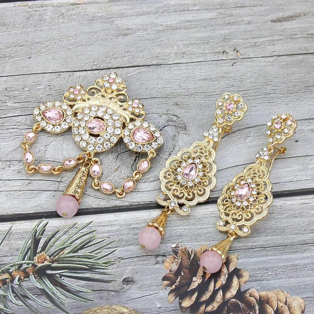Neovisson Fashion Style Moroccan Brooch Earring Set For Delicate Women Gold Color Pink Blue Crystal Arabi Shining Bridal Gift