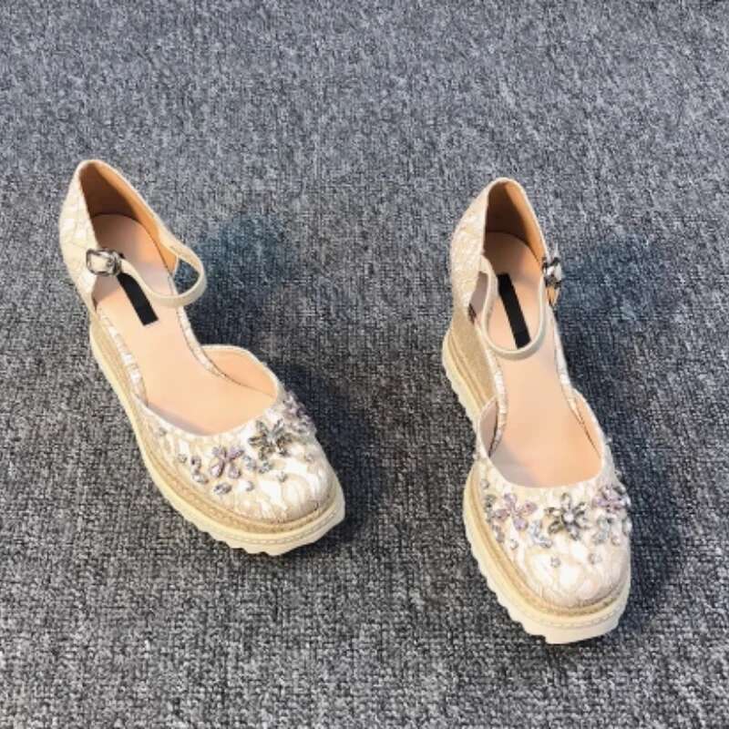 Buckle Strap Espadrille Wedge High Heels Bohemia Lace Wedding Ladies Summer Platform Casual Shoes Sandals Women