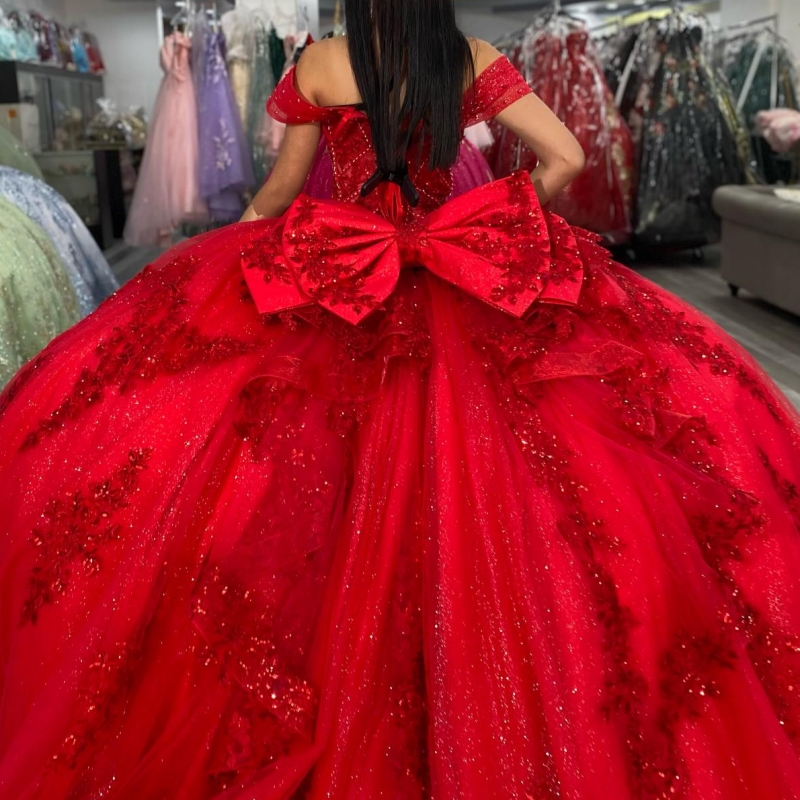 Red Quinceanera Dresses Off Shoulder Ball Gown Sweet 16 Dress Applique Lace Beading Tull Birthday Party Vestidos 15 De Anos