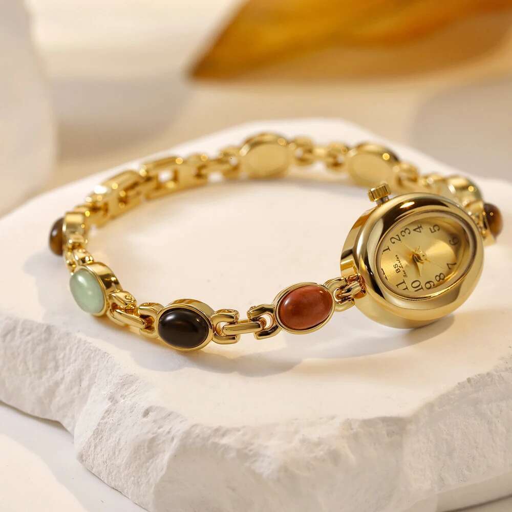 Women's Watch Vintage Natural Colorful Jade Bracelet Wristwatches Clock, Elegant Small Oval Dial Quartz Watch Waterproof
