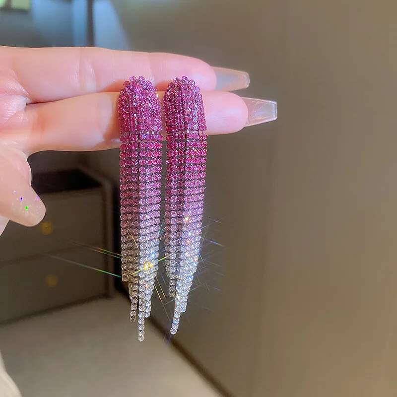 Shiny Rainbow Color Crystal For Women Long Tassel Pink Rhinestone Dangle Earrings Ladies Bride Weddings Jewelry