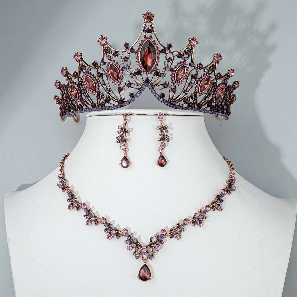 Vintage Black Purple Crystal Geometric Statement Necklace Earrings Tiaras Crown Jewelry Sets For Women Wedding Party African Set