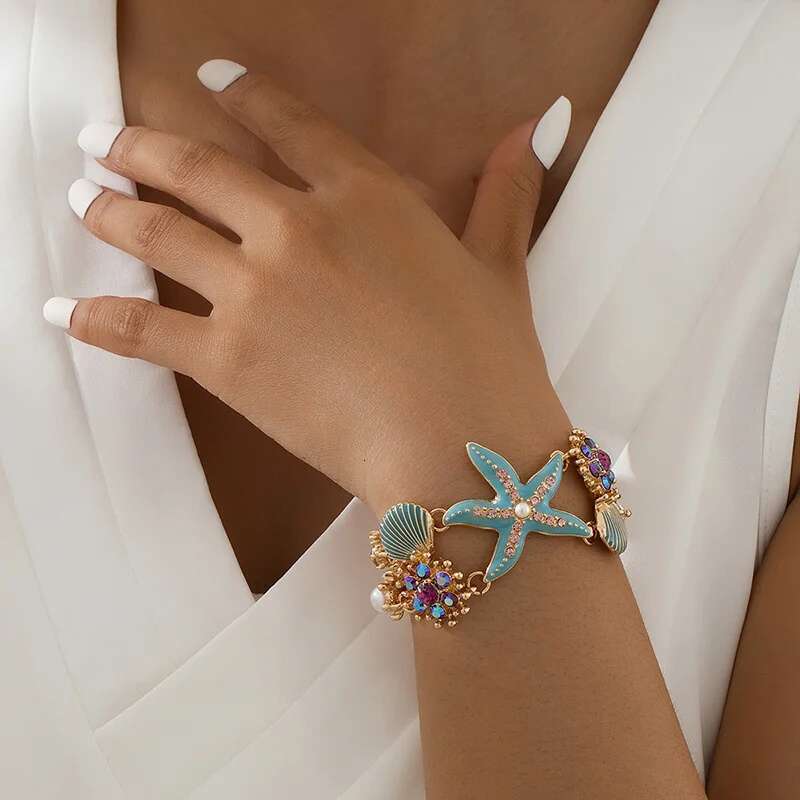 Bohemia Multi-Color Starfish Shell Shining Rhinestones Pendant Necklace Bracelets Set Beach Jewelry
