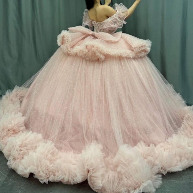 Pink Princess Quinceanera Dresses Off Shoulder Applique Beading Tiered Tull Sweet 16 Dress Ball Gown Vestidos 15 Anos