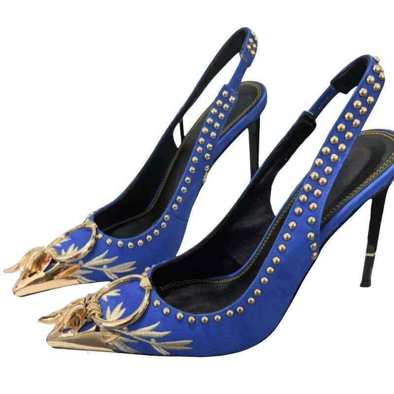 2025Pointed Back Strap Shoes Luxurious Embroidered Brand Designer Women Sandals Metal Toe Ladies High Heels