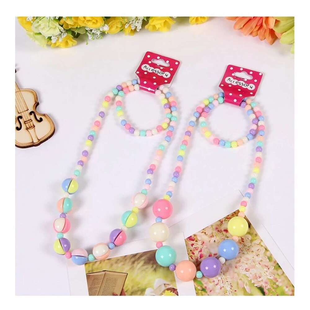 Candy Color Beads Jewelry Flower Bow Strawberry Necklace Bracelet 2Pc/Set Children Party Girl Birthday Gift