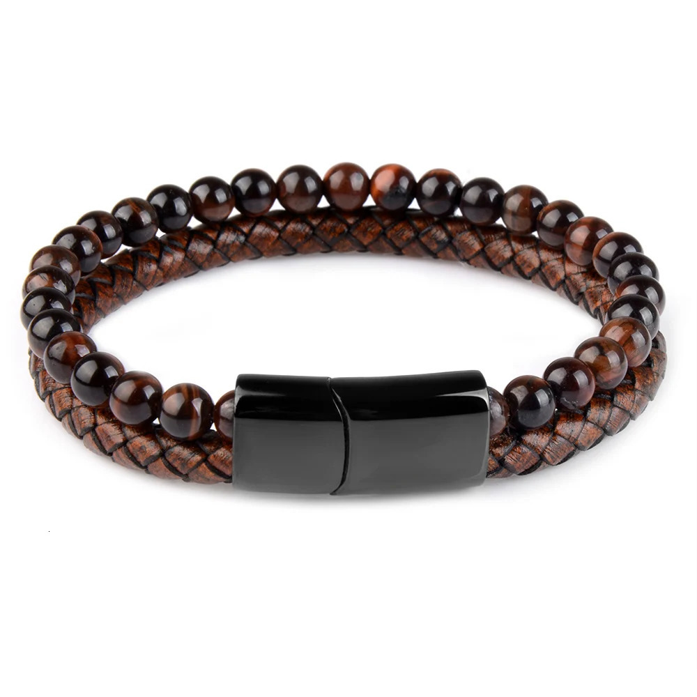 Natural stone bracelet genuine leather woven bracelet black stainless steel magnetic buckle tiger eye bracelet mens jewelry 250428