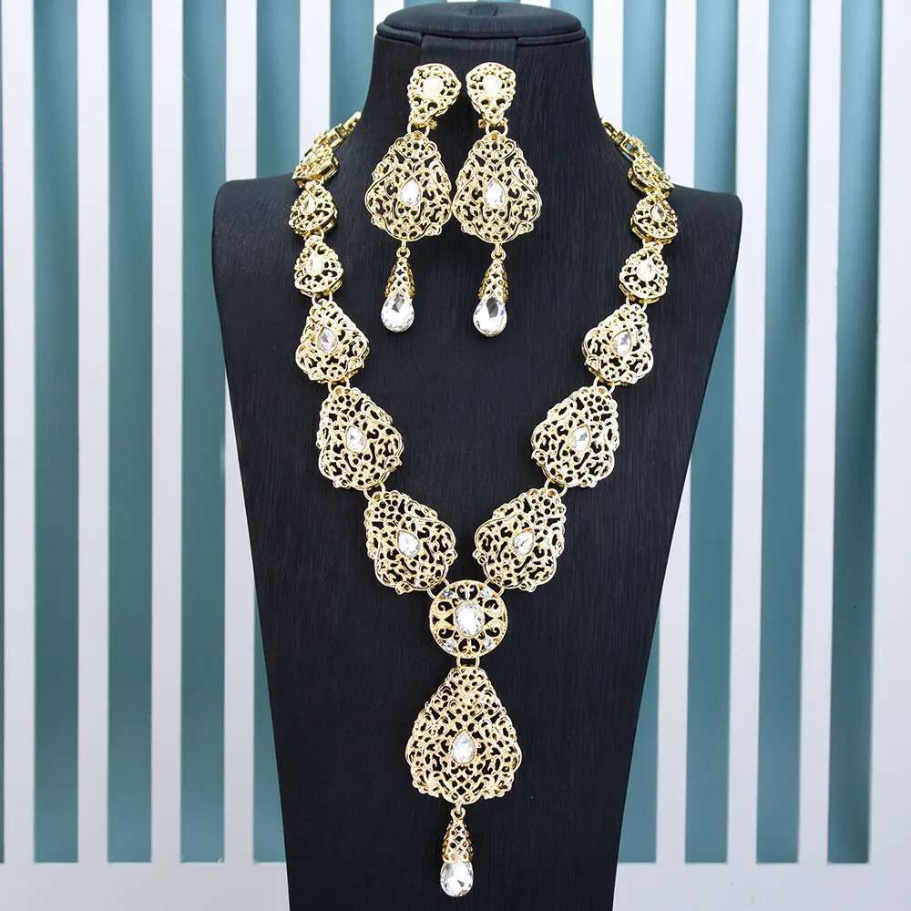 Sunspicems Chic Arabic Bridal Earring Necklace Morocco Wedding Jewelry Sets For Women Gold Color Hollow Water Droplets Pendant