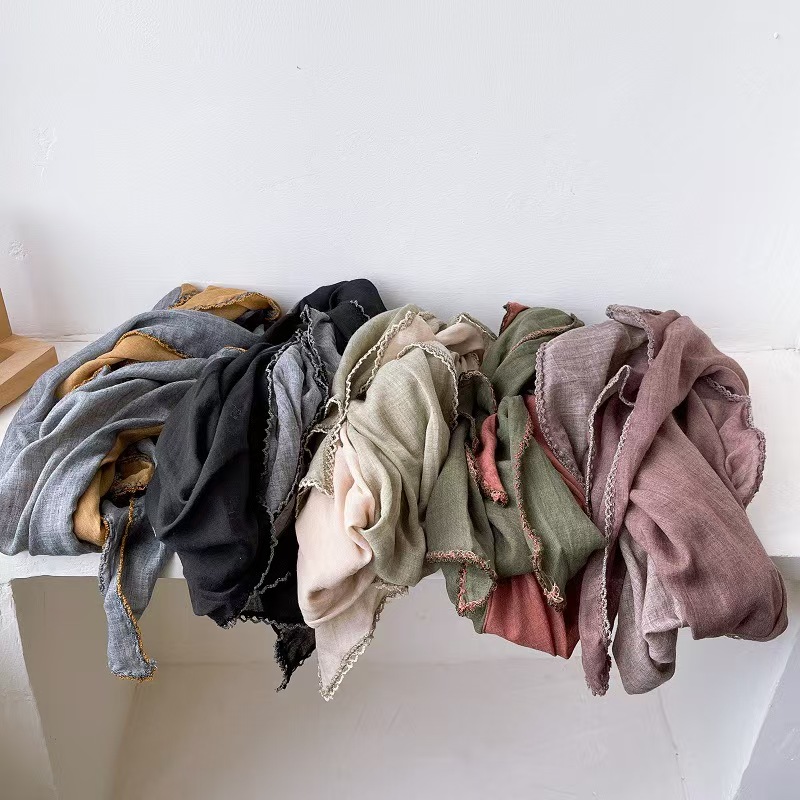 T604 double solid color stitching cotton and linen diamond scarf spring and autumn literary retro neck warm scarf versatile decorative small scarf