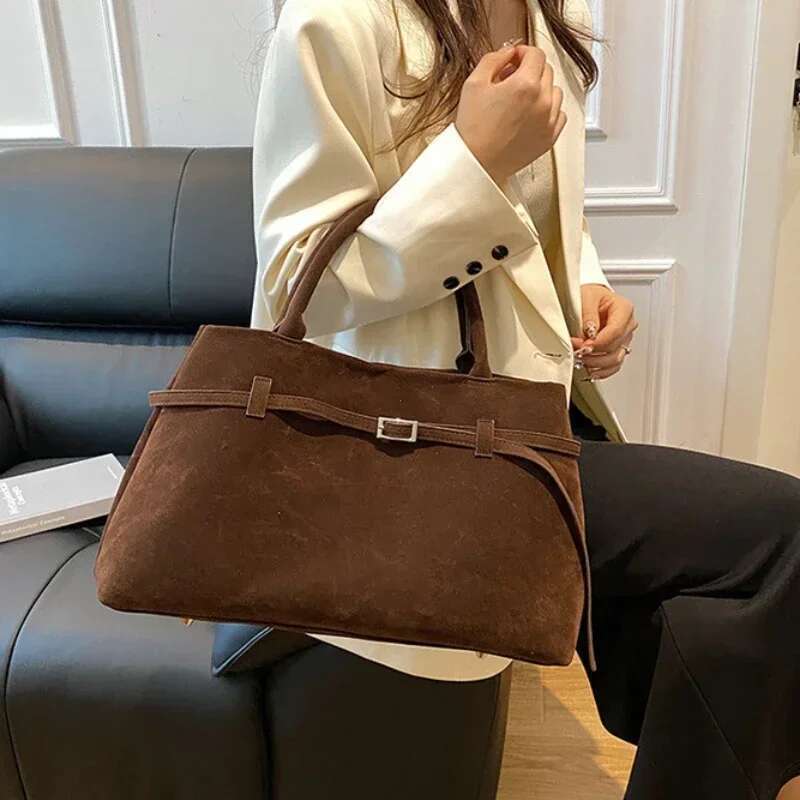 Women S Buckle Decorative Design Solid Faux Suede Tote Bag Large Capacity Hasp Casual Tote Hot Sale Bags For Women