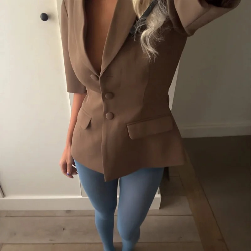 Vneck suit jacket for women ultrathin short sleeved solid color commuting lapel casual minimalist top springsummer 250428
