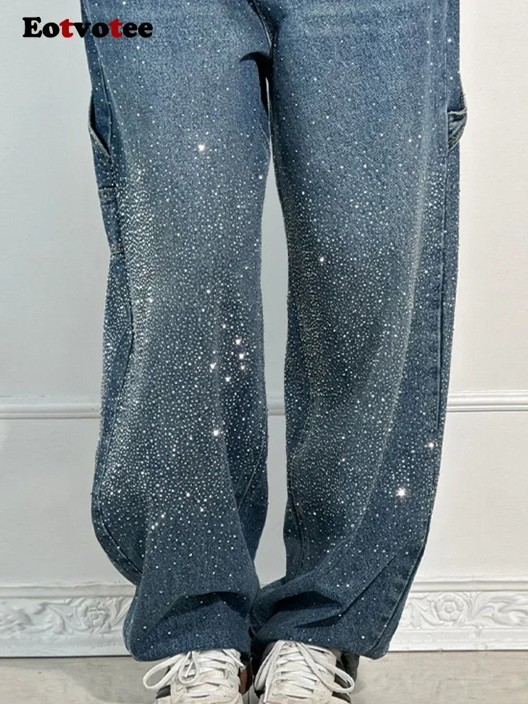 Retro Rhinestone loose jeans for women Y2K Korean fashion high waist wide leg pants casual straight 250428