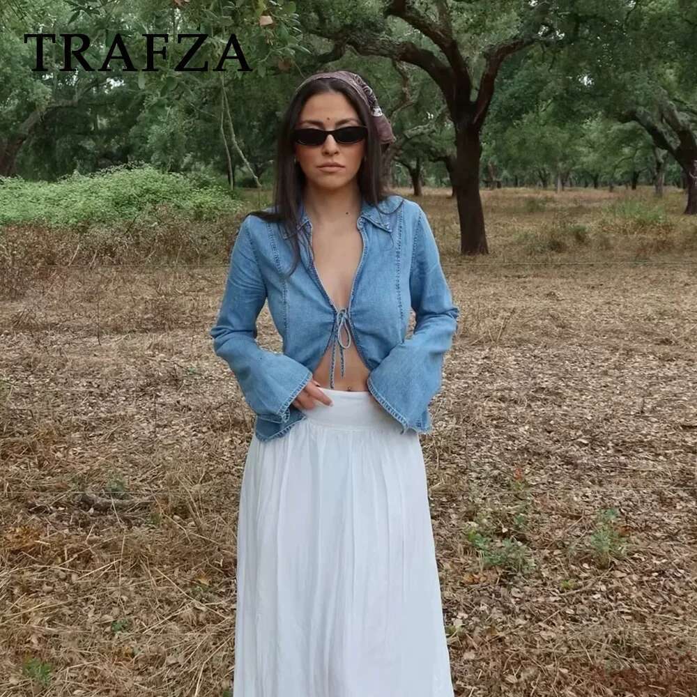 TRAFZA 2025 Spring Summer Casual Women Denim Fashion Streetwear BOWtie Solid Turn-down Collar Chic Open Shirts