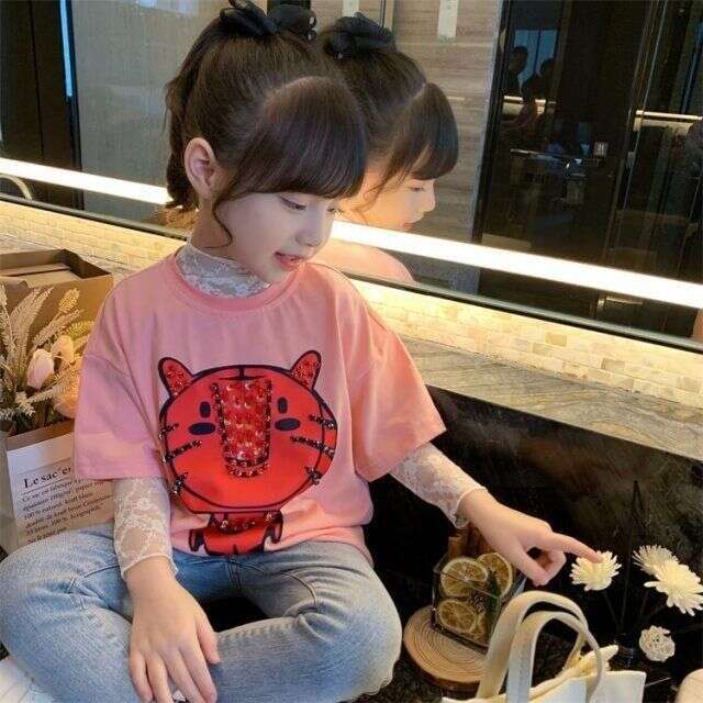 Girls' Lace Base Shirt, Spring/Summer Long Sleeved T-Shirt, 2025 New Style, Fashionable And Trendy Children, White Interior For Little Girls