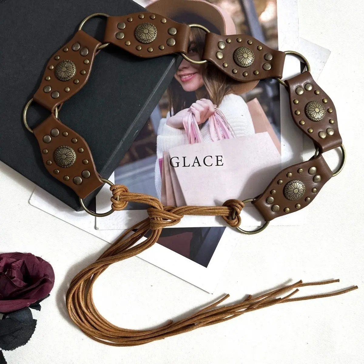 American Retro Black Rivet Metal Buckle Belt Womens Spliced Belt Millennial Spicy Girl Y2k Sense Strap Waist Rope 250430
